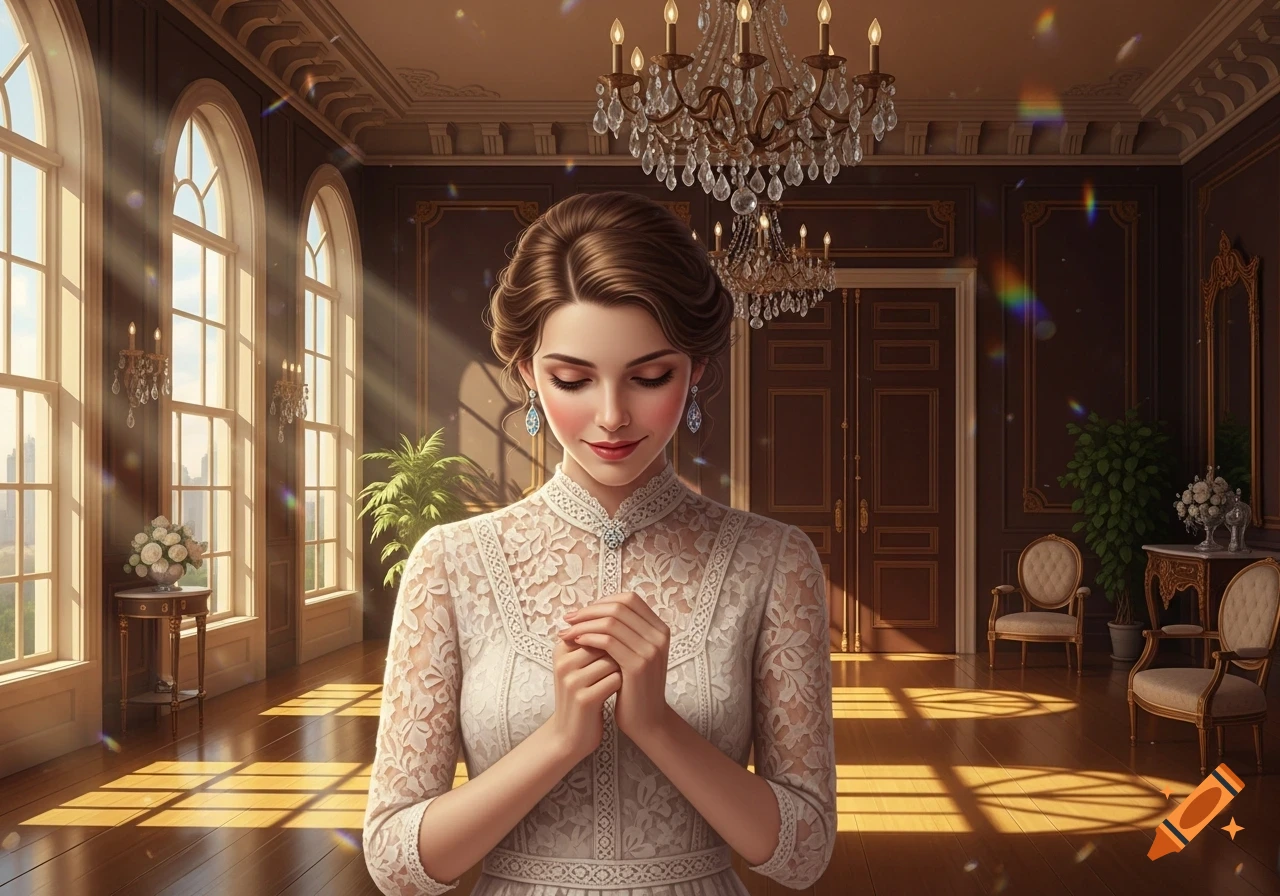 Elegant woman in a white lace dress with clasped hands, eyes closed, stands in a sunlit opulent room with tall arched windows.