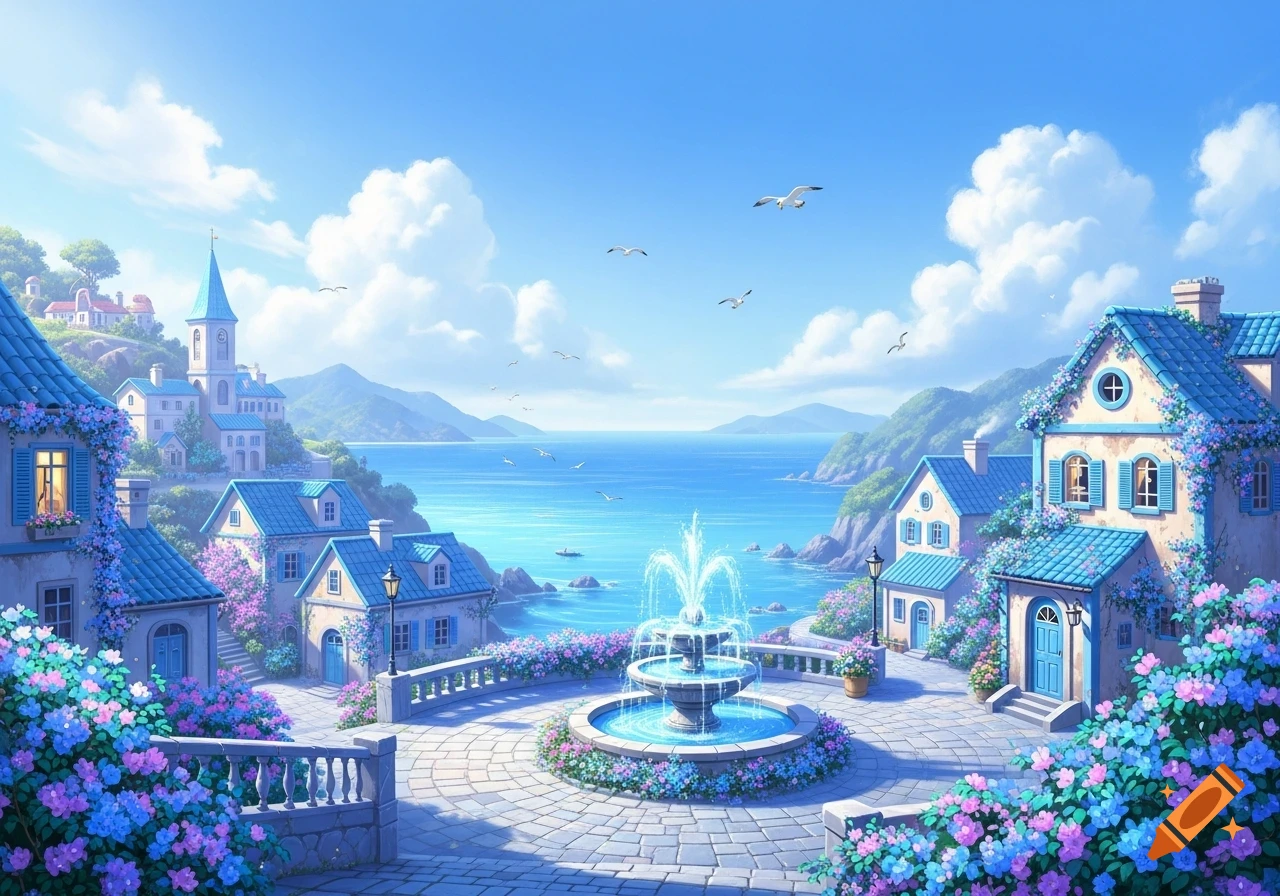 A picturesque dreamy pastel blue coastal town with a central fountain, colorful flowers, houses, and a church spire overlooking a blue sea.