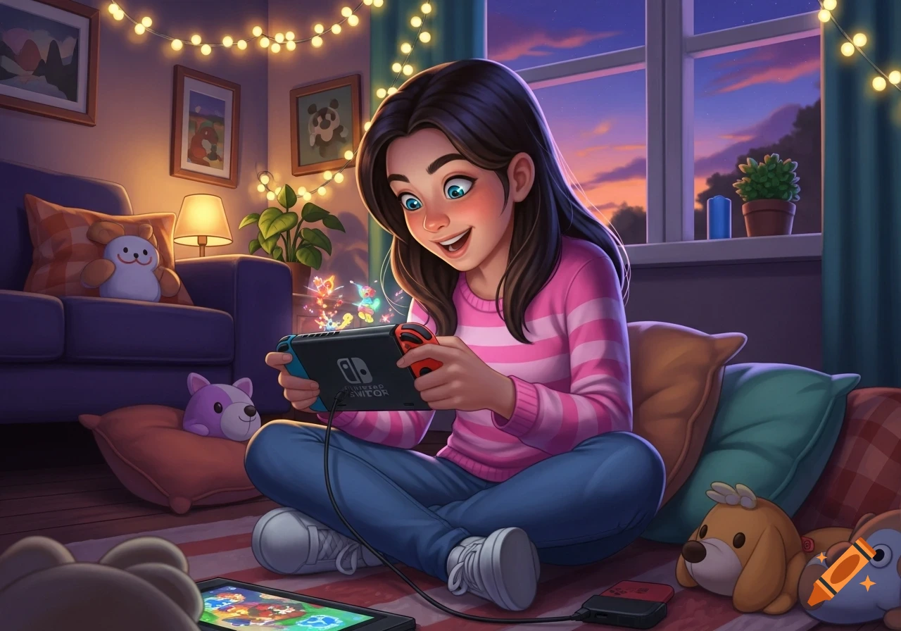 A happy cartoon girl with dark hair plays a Nintendo Switch in a cozy room with fairy lights, sitting on a striped rug with plush toys around her.
