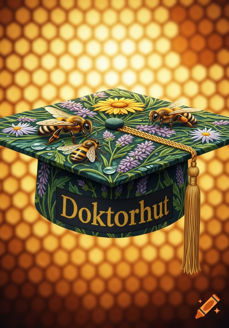 A graduation cap decorated with bees, sunflowers, and lavender, featuring the word "Doktorhut" on a black band, against a blurred honeycomb background.