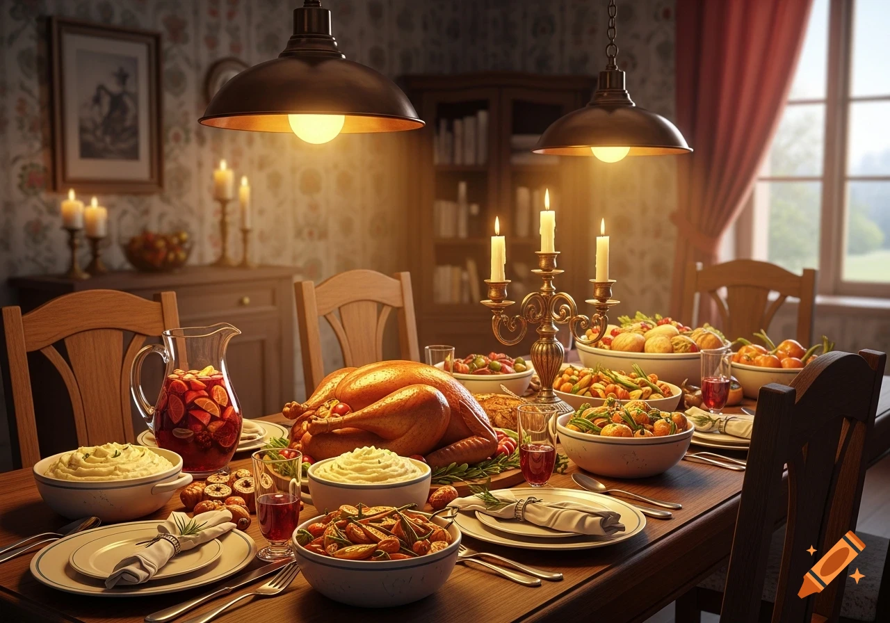 A photorealistic roasted turkey dinner with numerous side dishes and candles on a festive dining table.