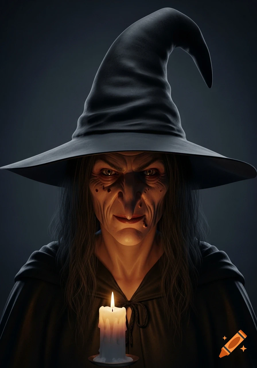Photorealistic portrait of an old, wrinkled witch with a pointed black hat, holding a lit candle, against a dark background.