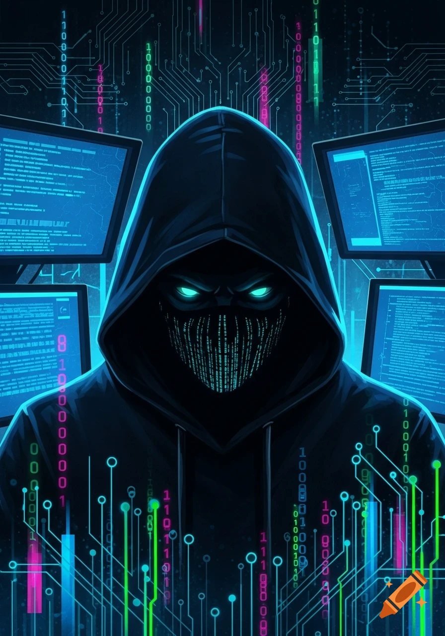 A stylized digital illustration of a hooded hacker with glowing blue eyes and a circuit pattern on their face, surrounded by binary code and digital lines.