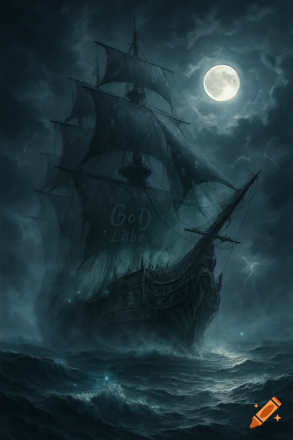 A dark, ghostly ship with tattered sails navigates a stormy sea under a bright full moon, with lightning in the sky.