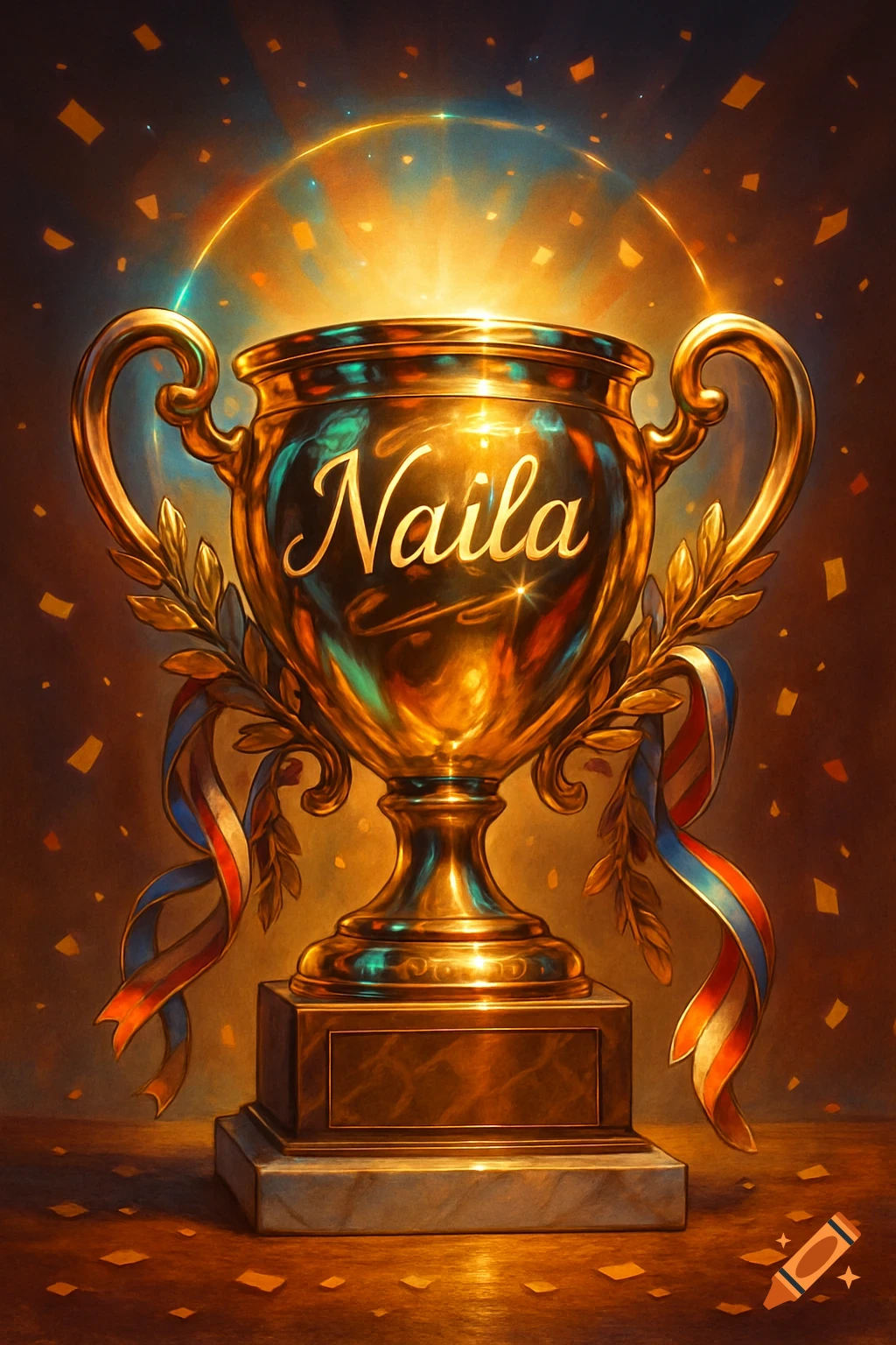 A shining golden trophy with the name 'Naila' engraved on it, surrounded by confetti and a bright halo of light.