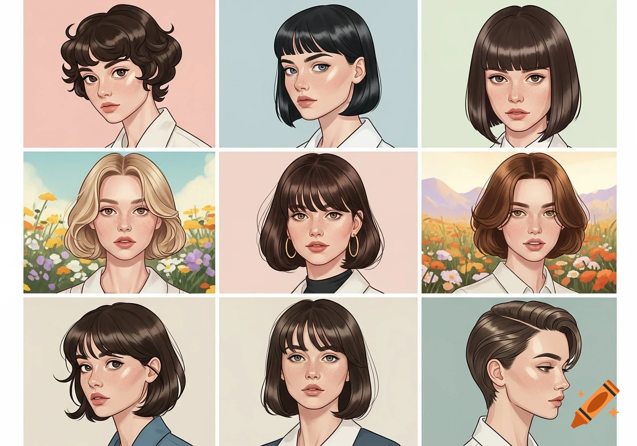 A grid of nine stylized anime-style portraits of women with various short hairstyles and different background colors, some with flowers.