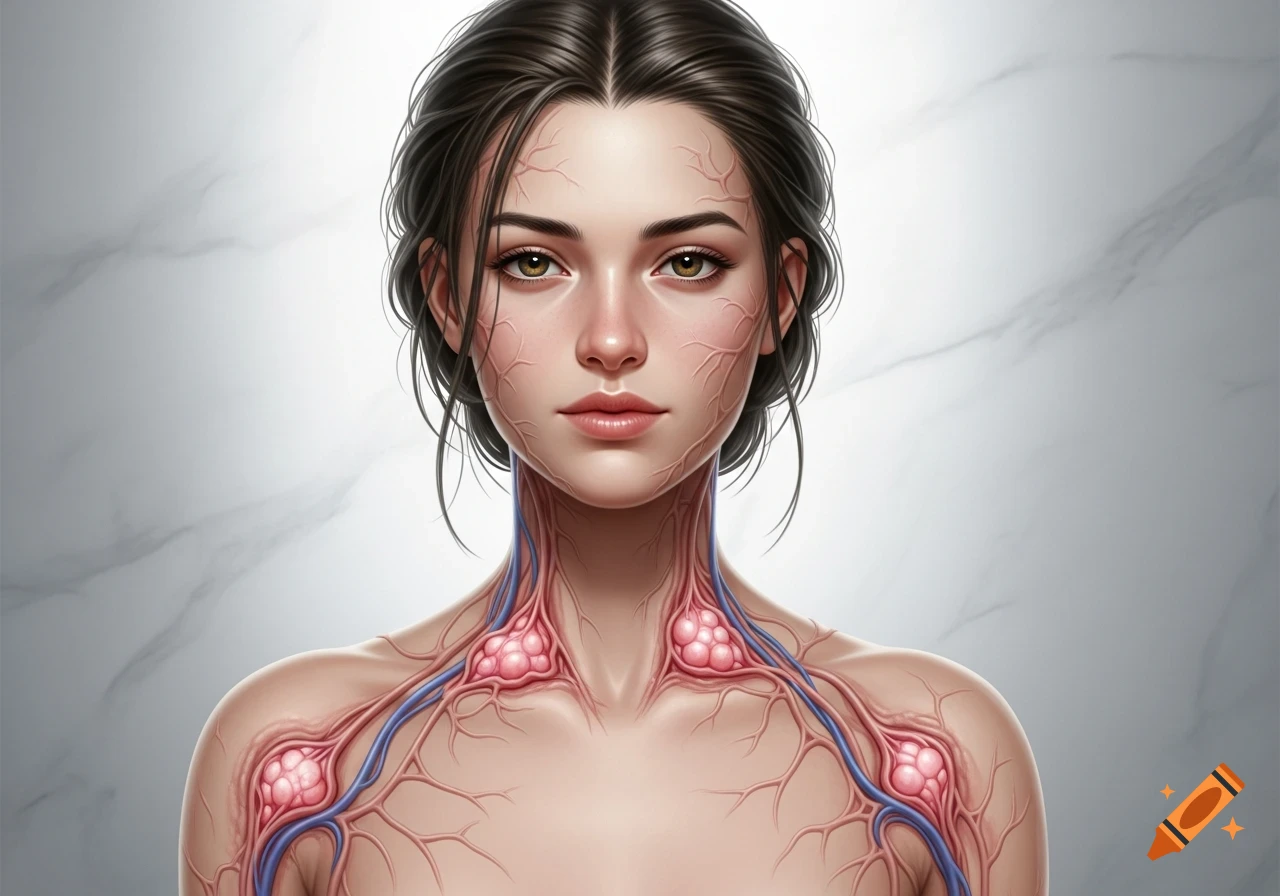 Stylized anatomical illustration of a woman's torso, showing internal vascular and lymphatic structures.