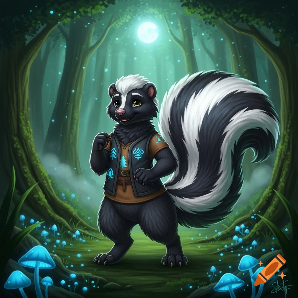 A friendly furry skunk in a vest stands smiling in an enchanted forest with glowing blue mushrooms under a full moon, digital art.