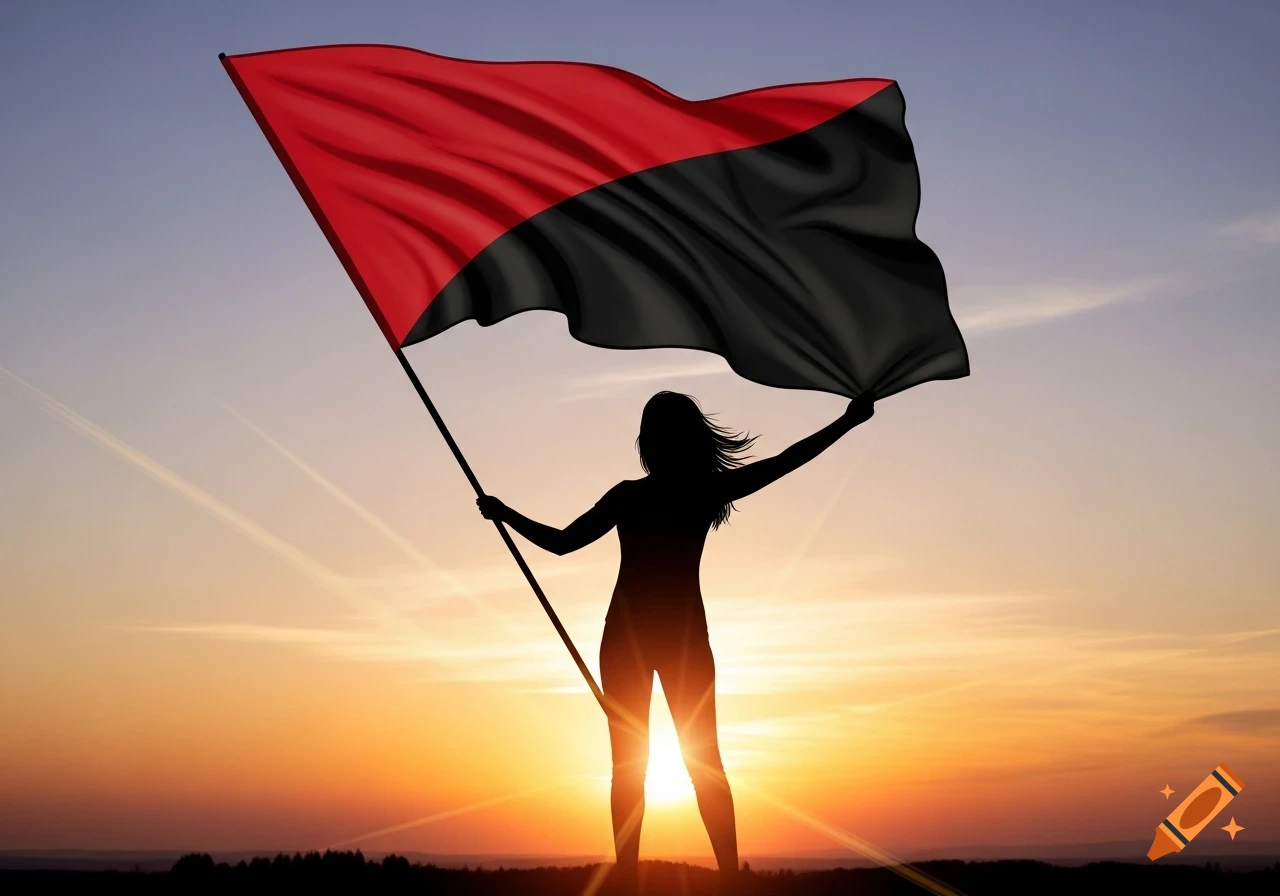 Silhouette of a woman holding a red and black diagonally divided flag against a vibrant sunset sky.
