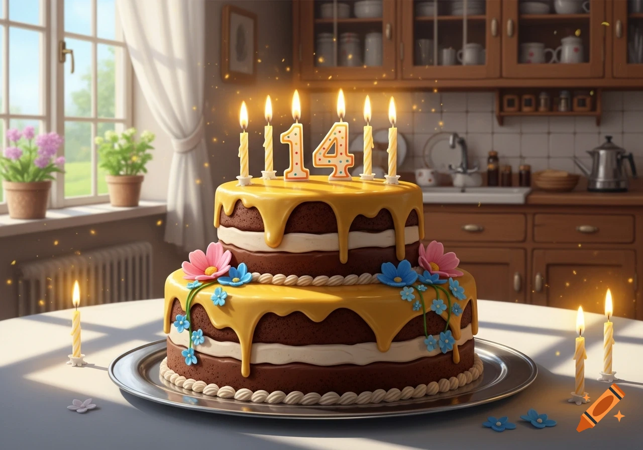 A two-tiered chocolate birthday cake with yellow frosting, edible flowers, and '14' candles, on a silver platter in a sunny kitchen.