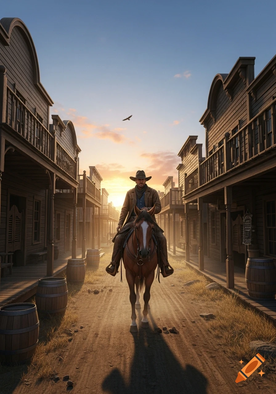 Photorealistic image of a cowboy riding his horse down the dusty main street of an old western town at sunset.