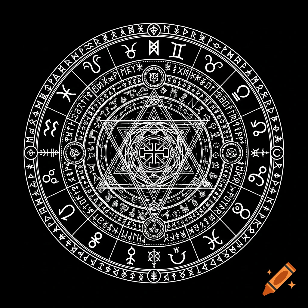 Intricate white mystical sigil with concentric rings, zodiac signs, runes, geometric patterns, and a central cross on a black background.