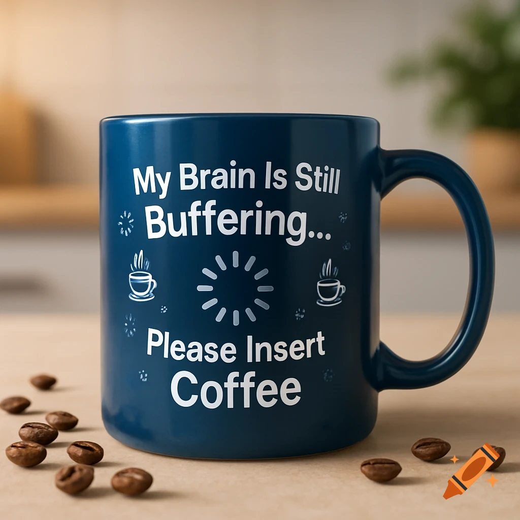 A dark blue coffee mug with white text "My Brain Is Still Buffering... Please Insert Coffee" surrounded by coffee beans on a wooden table.