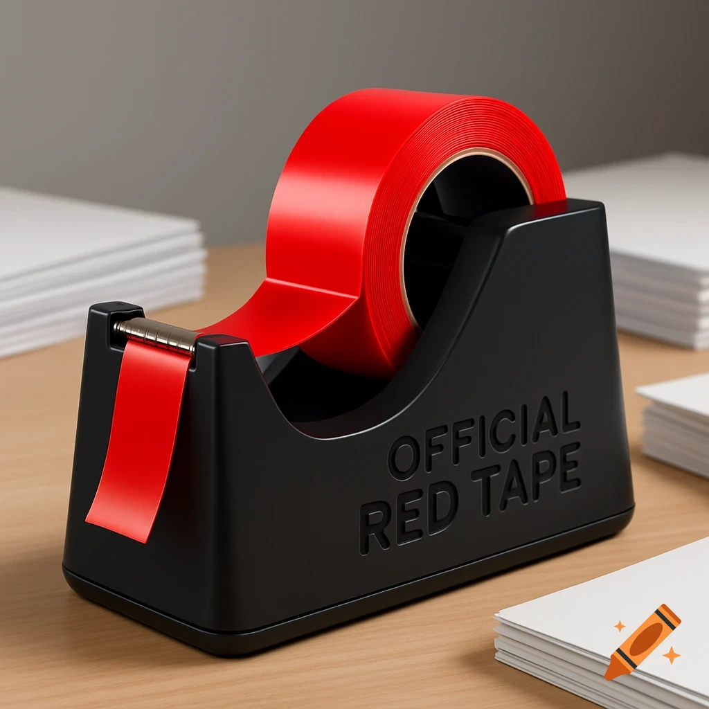 A black tape dispenser with bright red tape, labeled "OFFICIAL RED TAPE", sits on a wooden desk with stacks of white paper.