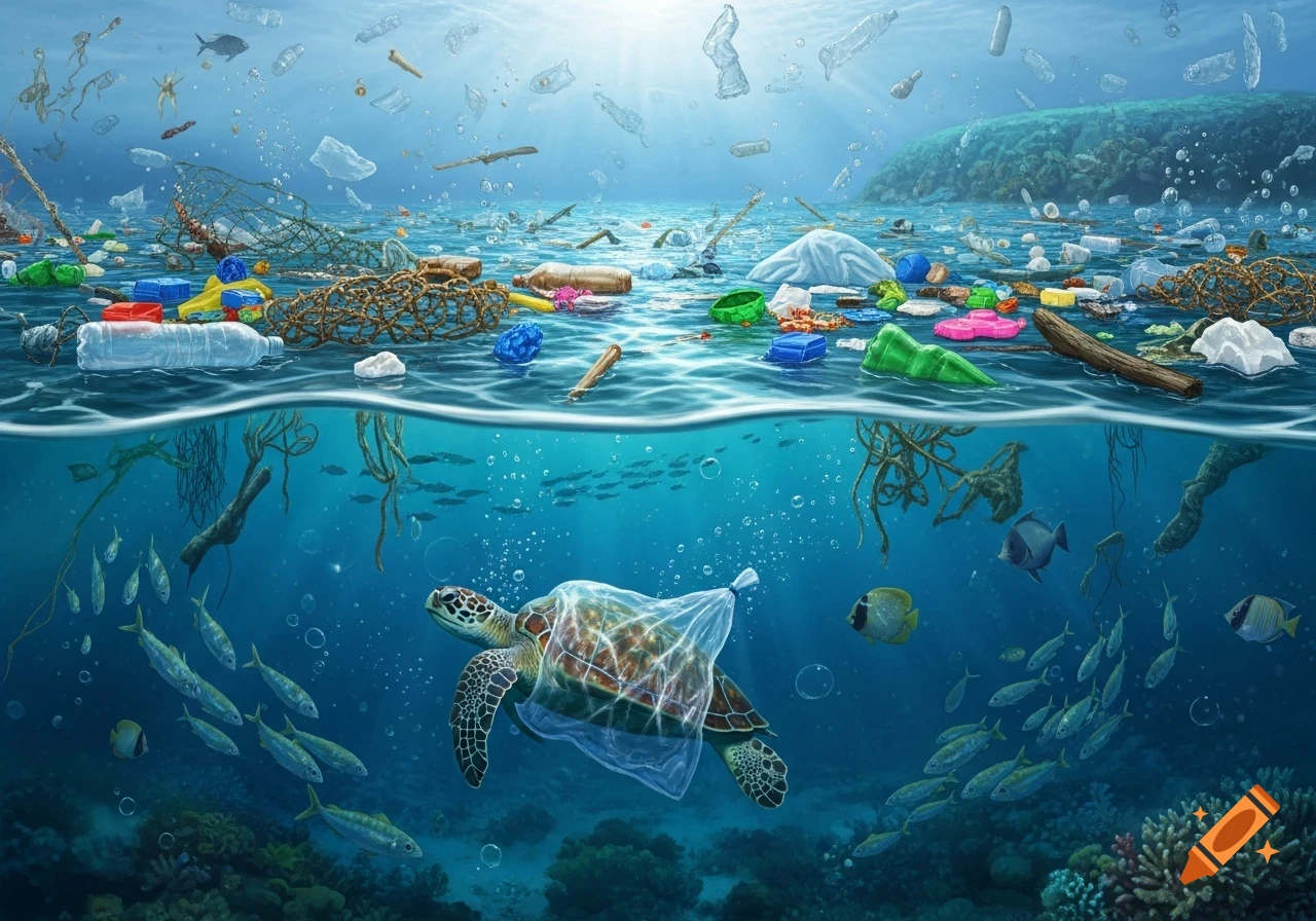 A realistic illustration of ocean pollution, showing a sea turtle trapped in a plastic bag underwater amidst various floating debris.