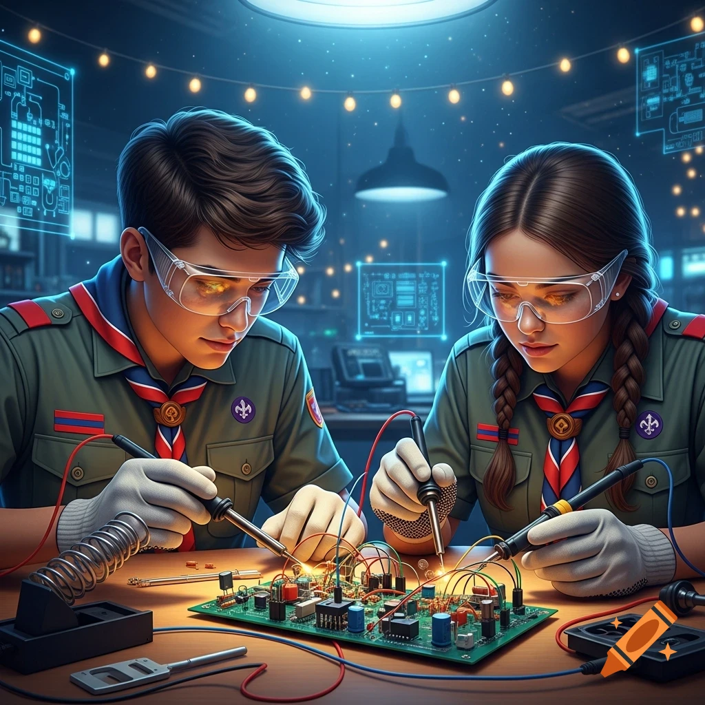 Two photorealistic teenage scouts in goggles and gloves solder an electronic circuit board in a glowing, high-tech lab.
