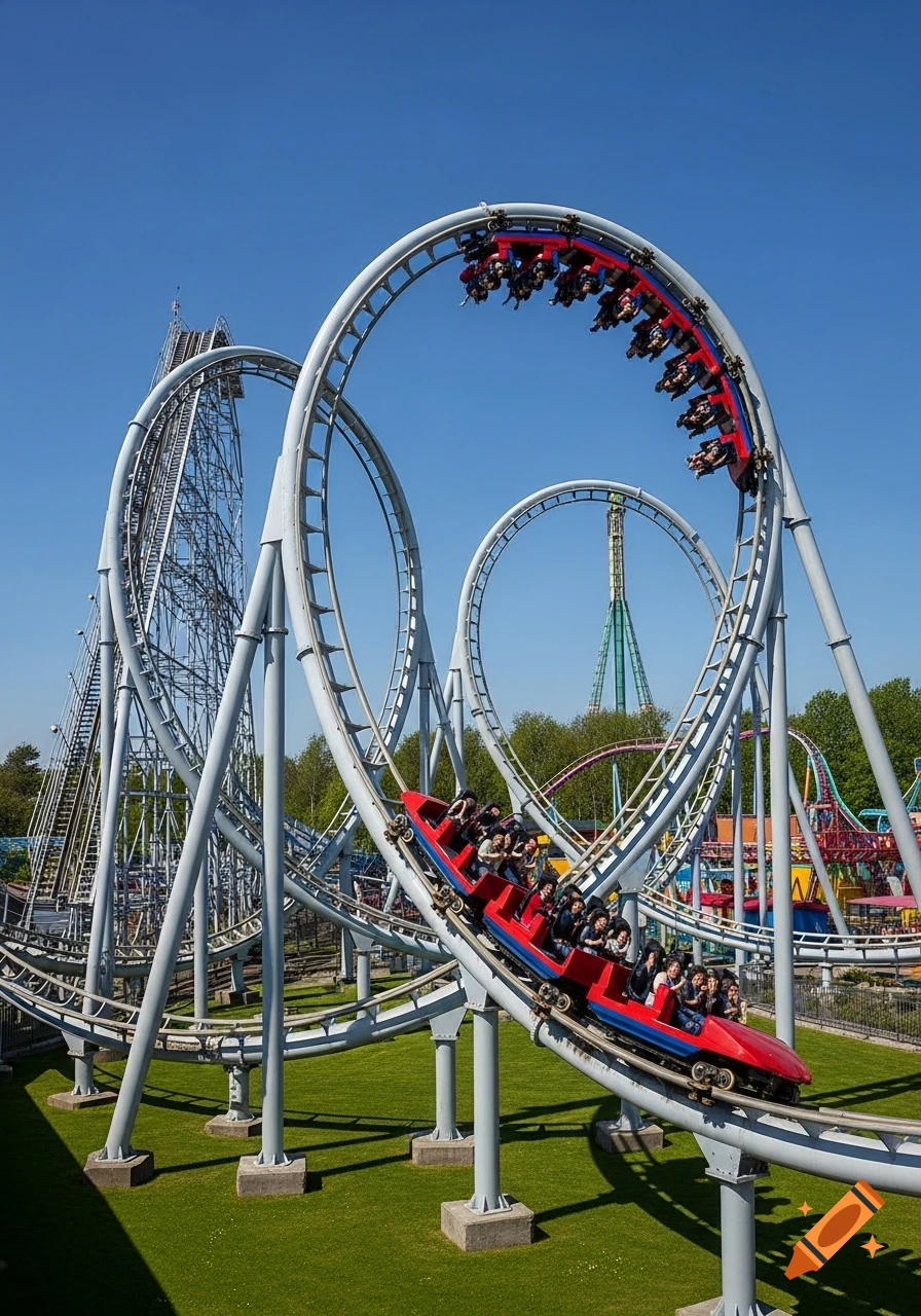 A red rollercoaster car with people goes upside down on a looping white track over green grass under a clear blue sky.