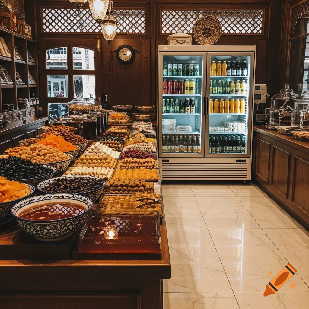 A shop interior filled with numerous bowls of colorful Turkish sweets and dried fruits, alongside a large beverage fridge.