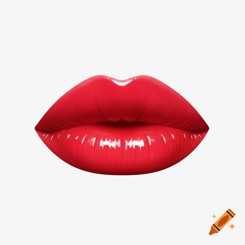 A pair of glossy, bright red lips isolated on a white background.