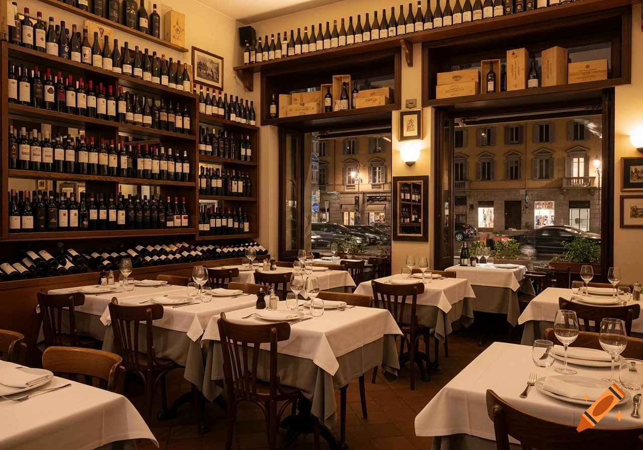 An inviting Italian restaurant interior at night, with dark wood tables, white tablecloths, and shelves filled with wine bottles. Warm lighting illuminates the dining area, and a street scene with buildings and cars is visible through large windows.