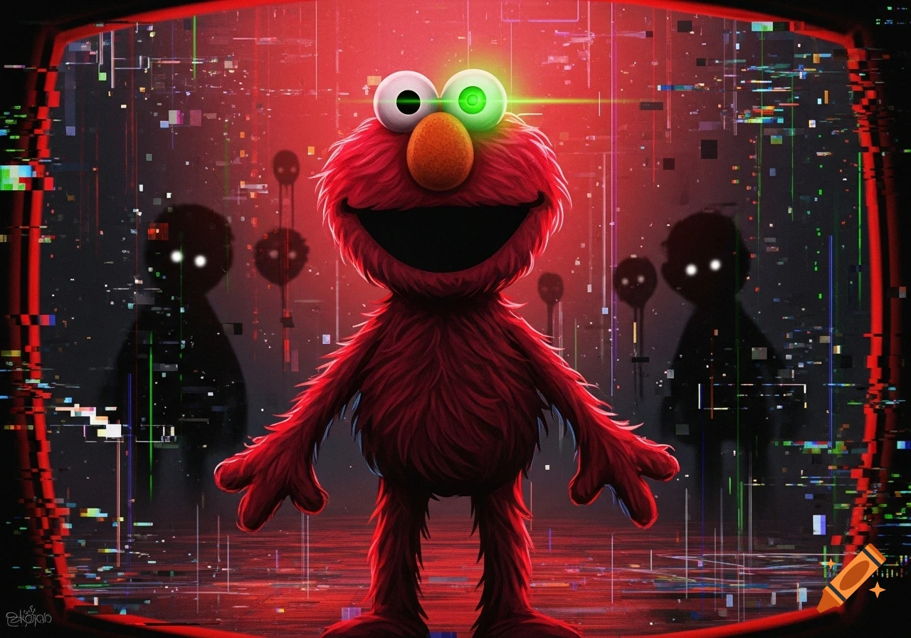 A creepy, red, fuzzy Elmo with one glowing green eye stands in a dark, glitchy digital landscape with shadowy figures.