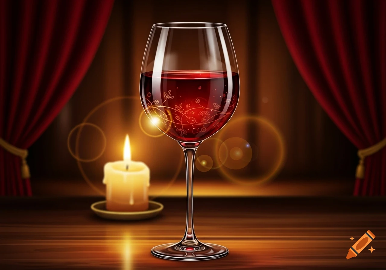 A glass of red wine with decorative swirls sits on a wooden table next to a lit candle, against a backdrop of red curtains.