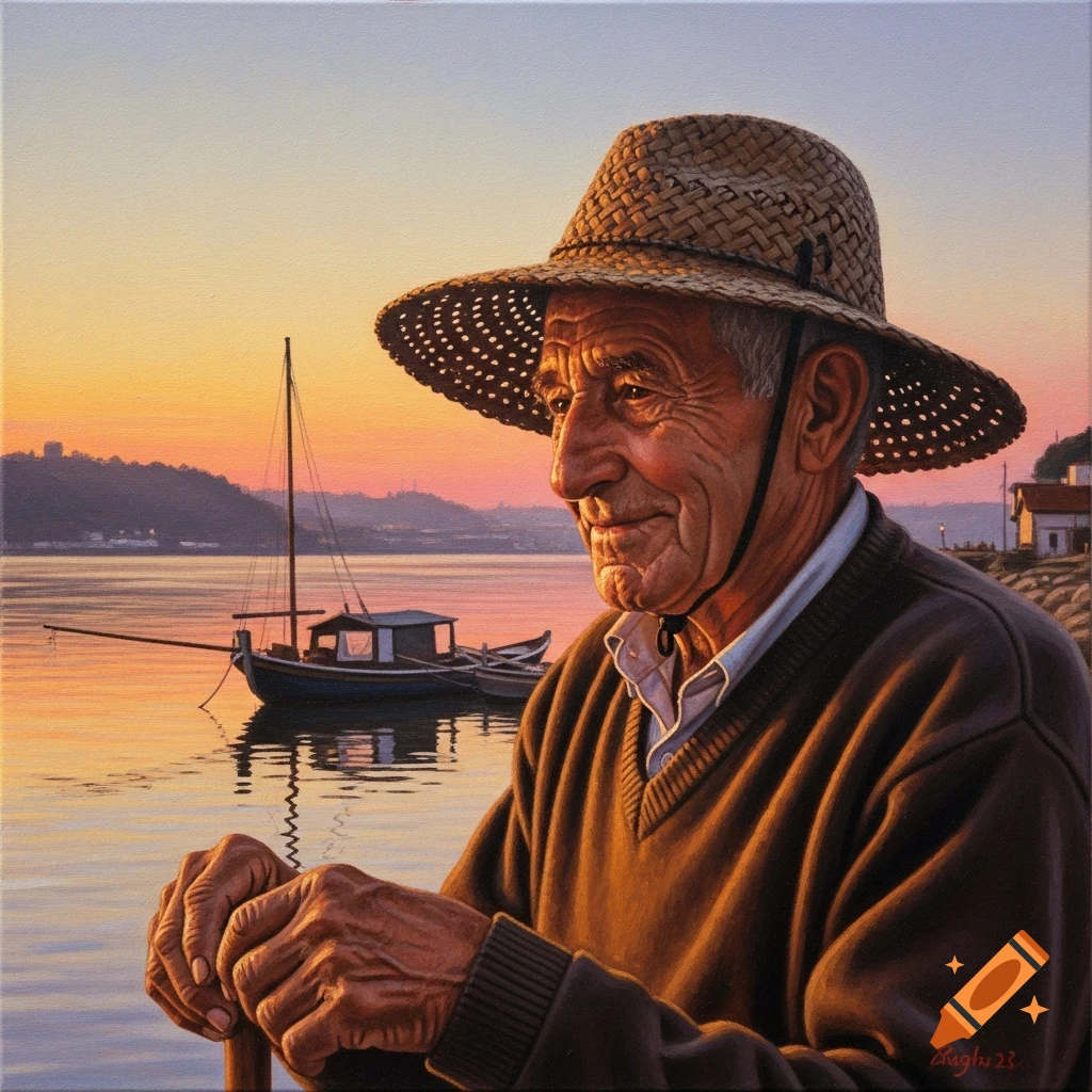 Old fisherman in a straw hat smiles softly by a river with boats at sunset, in a realistic oil painting style.