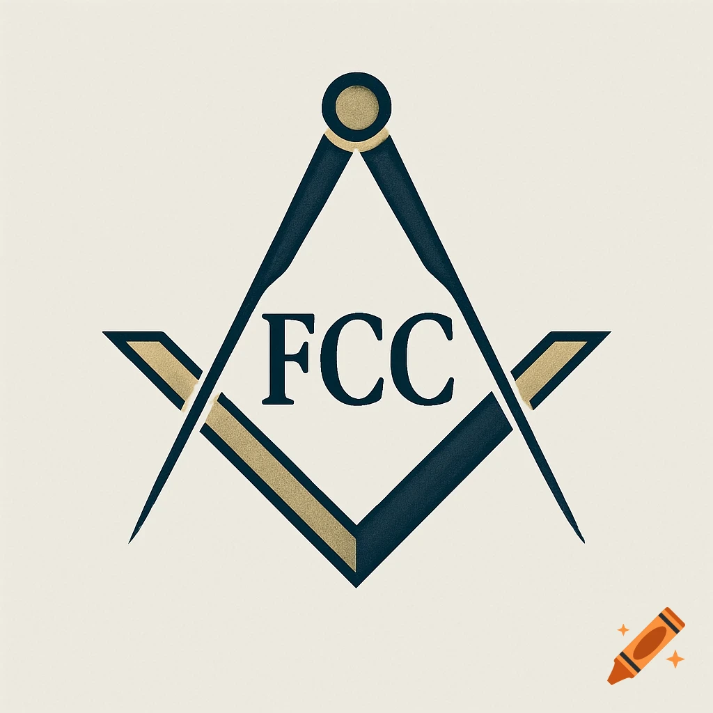 Dark blue and gold logo featuring a compass and square with the letters FCC in the center on a light cream background.