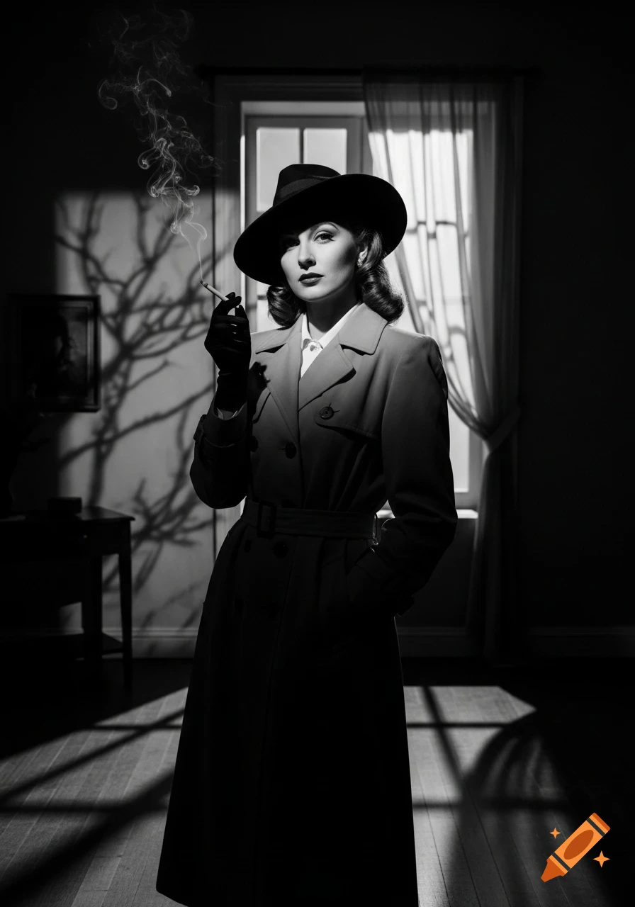 A black and white noir-style portrait of a mysterious woman in a trench coat and fedora, smoking a cigarette indoors with dramatic shadows.