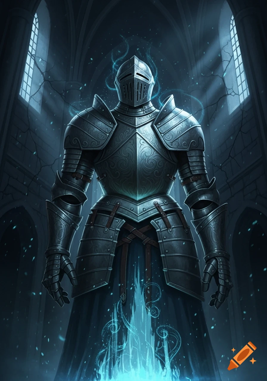 A spectral knight in ornate, dark metal armor stands in a gloomy, ruined cathedral with glowing blue energy rising from its base.