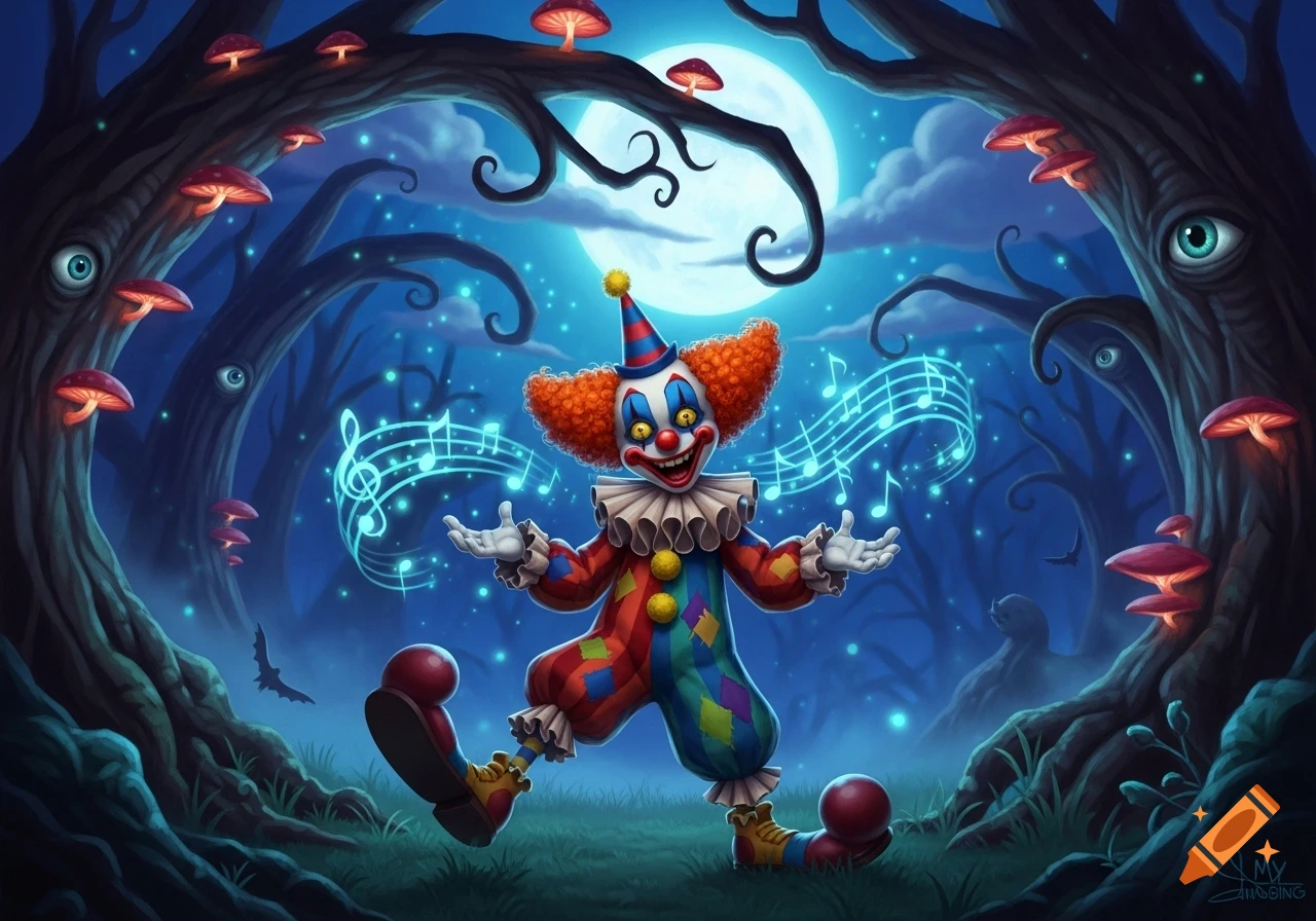 A vibrant, smiling clown with musical notes in a dark, mystical forest with glowing mushrooms, eyes in trees, and a full moon.