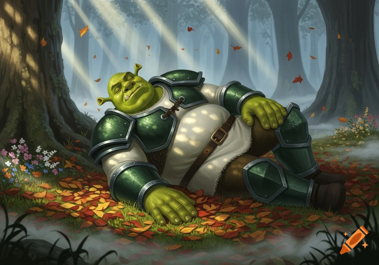 Shrek in green armor sleeping on a bed of autumn leaves in a sun-dappled forest.