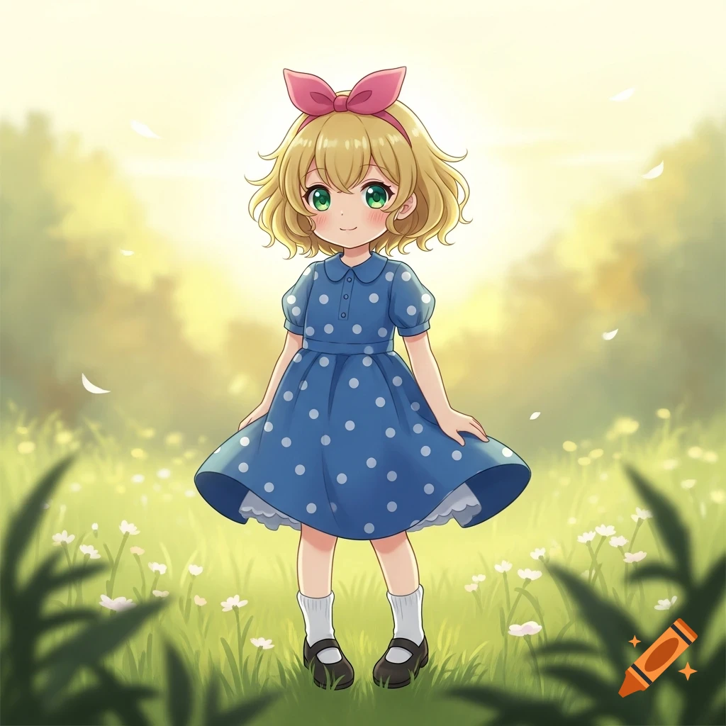 Anime girl with short blonde curly hair, green eyes, pink bow, blue polka dot dress, standing in a sunny green field with white flowers.