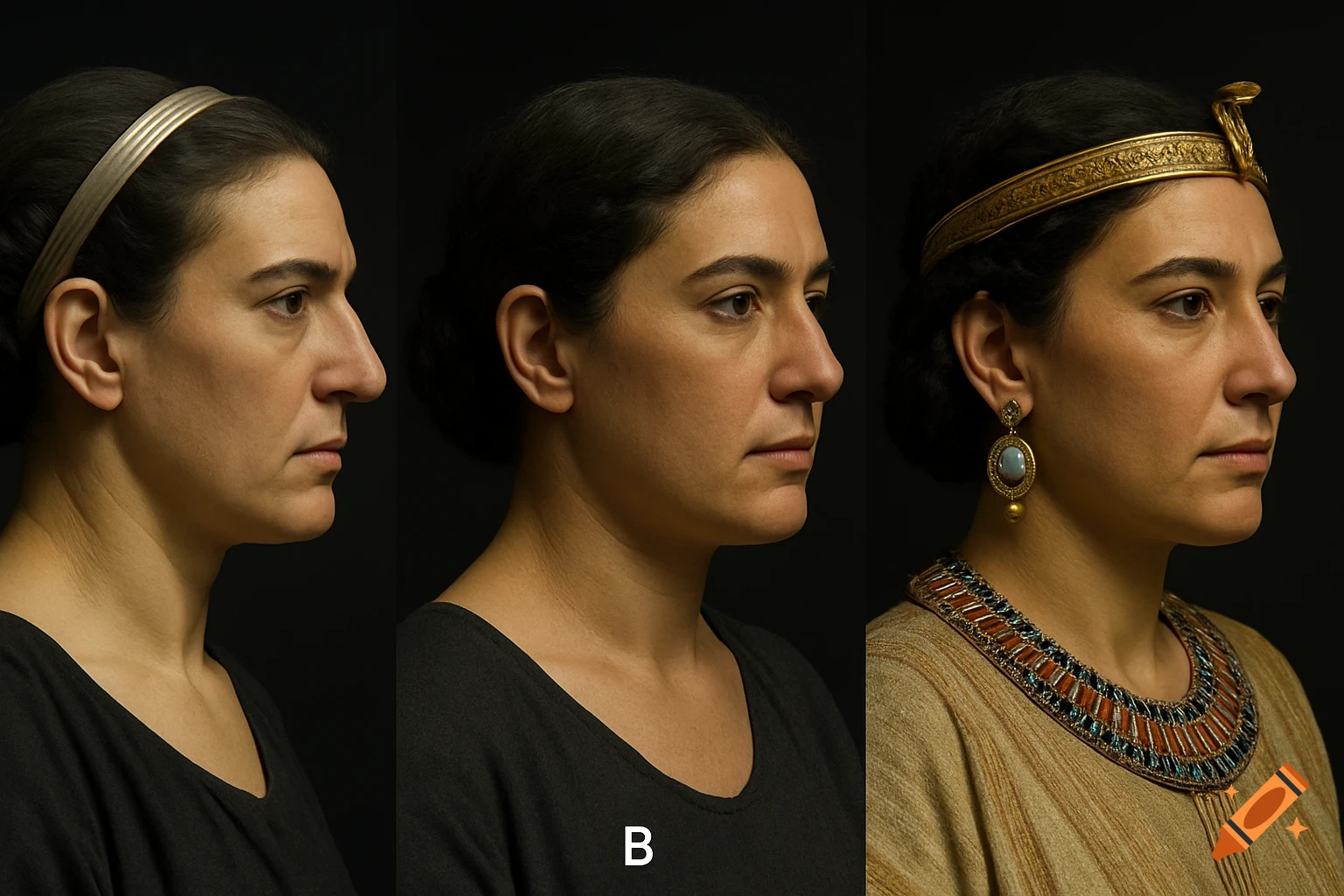 Three side-by-side hyper-realistic profile portraits of Cleopatra VII, depicting her with different historical interpretations and regal attire.