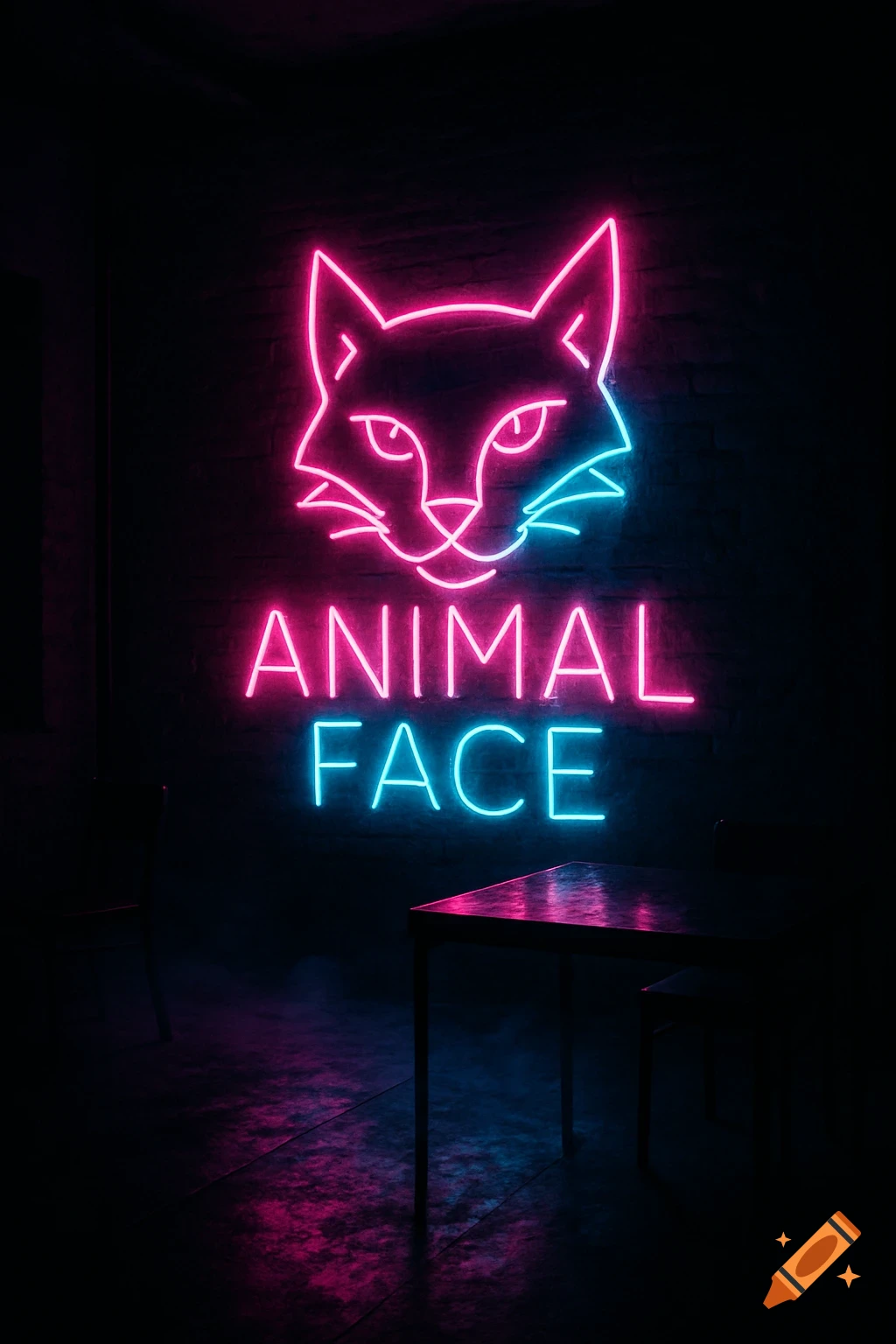 A dark room with a pink and blue neon sign of a cat face and the words 'ANIMAL FACE' on a brick wall, reflecting on a table.