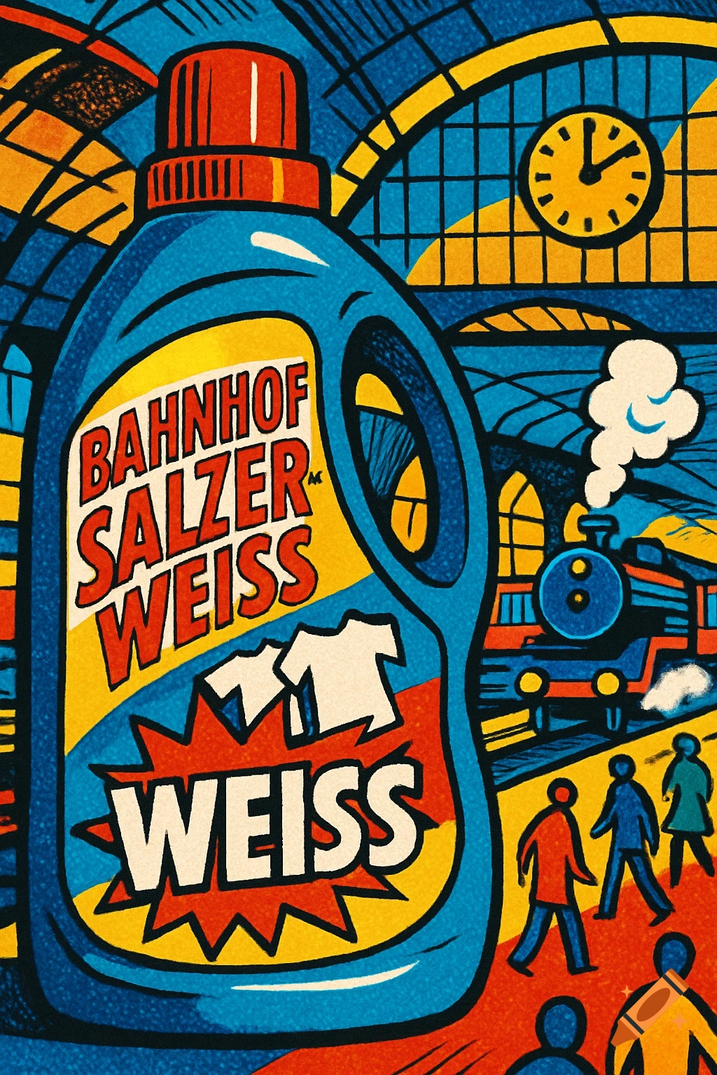 A vibrant pop art illustration shows a blue detergent bottle labeled "BAHNHOF SALZER WEISS" in front of a busy train station scene.