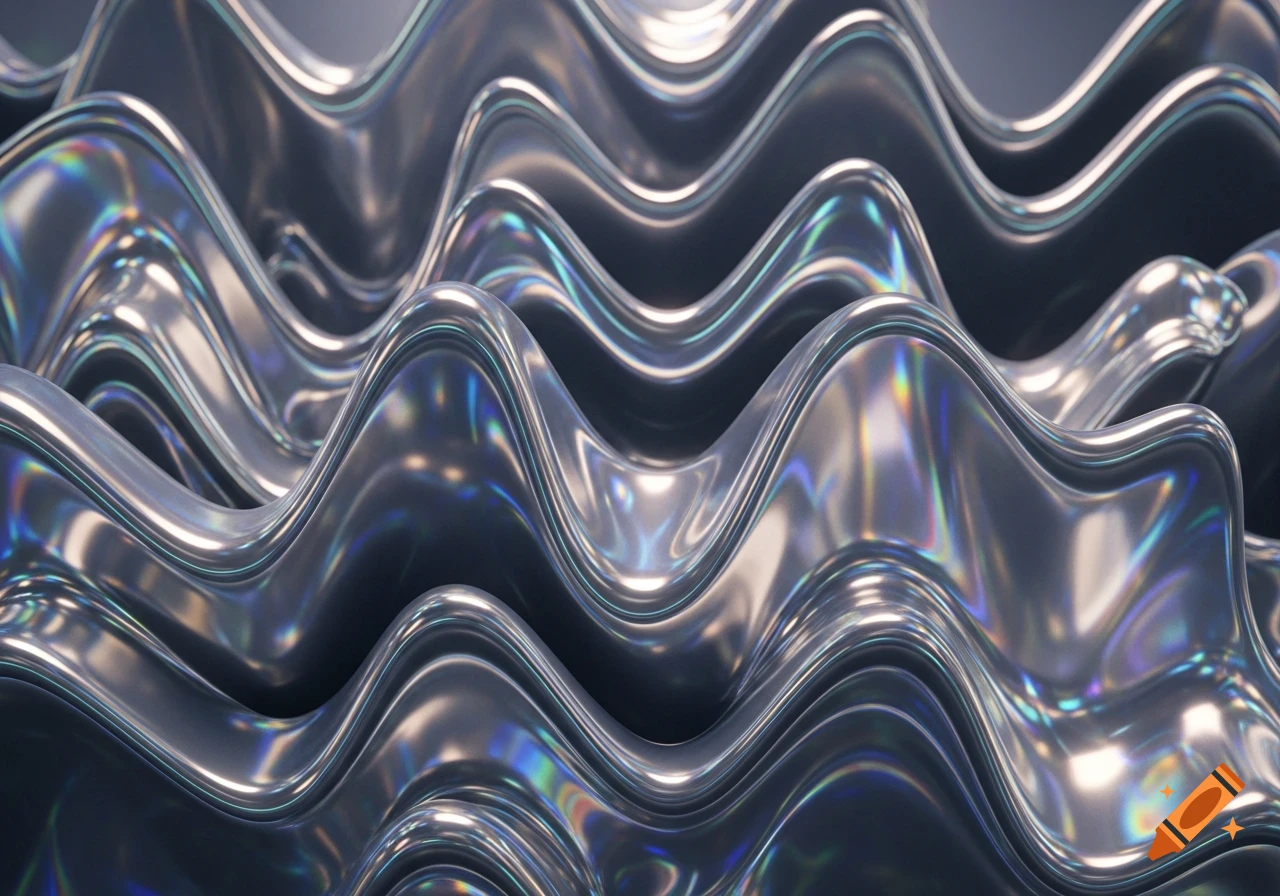 Wavy, iridescent liquid metal with holographic reflections.