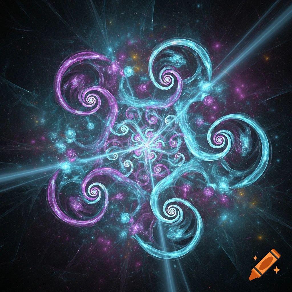 A vibrant abstract fractal pattern of glowing blue and purple spirals radiating from a central point against a dark background.