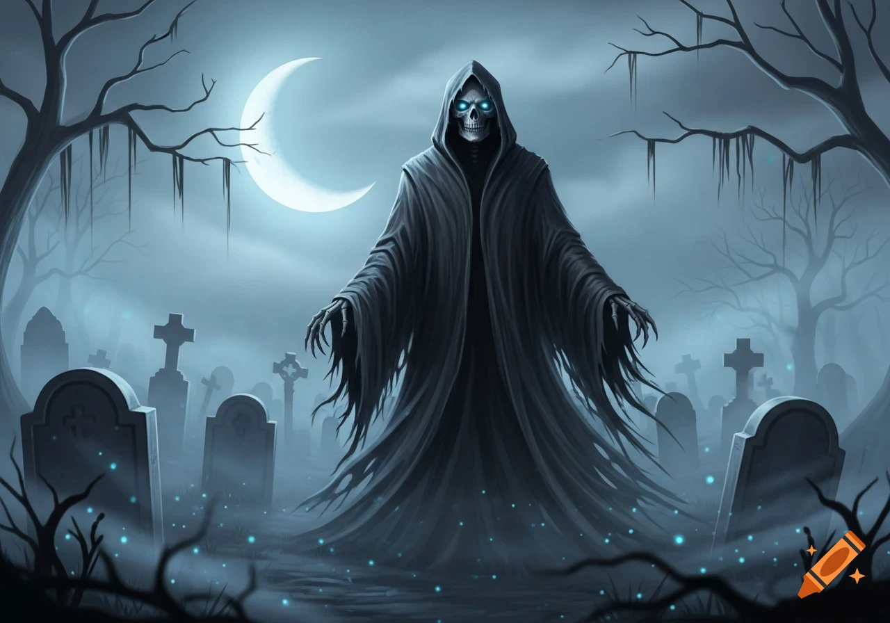 A grim reaper with glowing blue eyes stands in a misty graveyard under a crescent moon, surrounded by gravestones and bare trees.