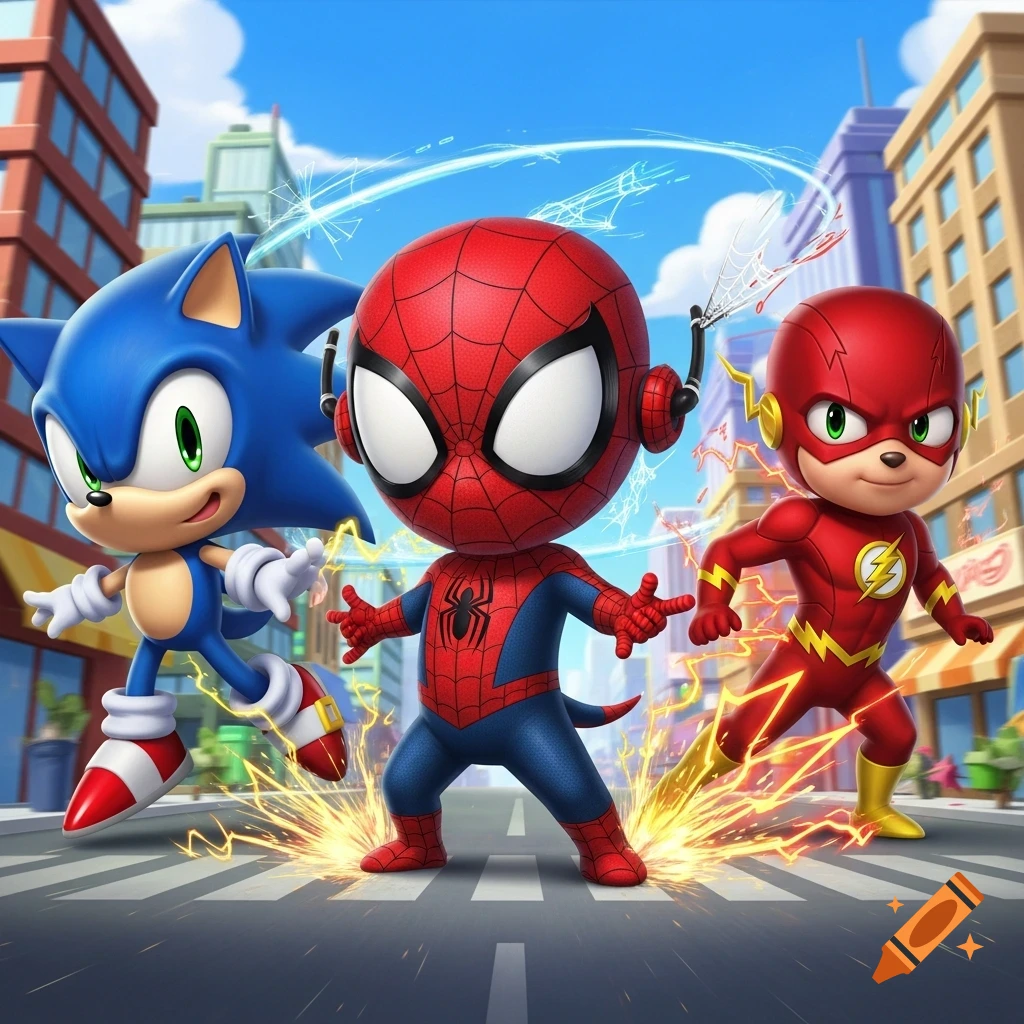 Chibi Sonic the Hedgehog, Spider-Man, and a bear-like Flash speed through a cartoon city street with sparks.