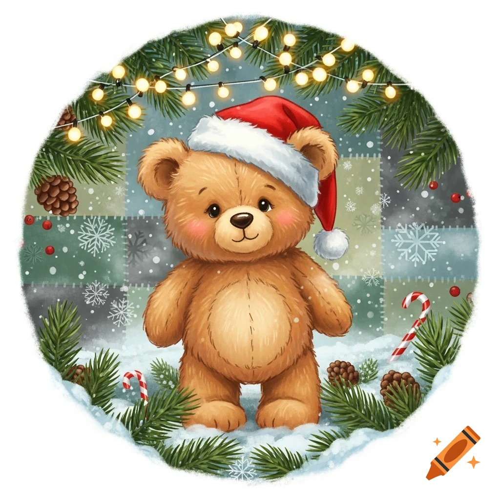 A cute brown teddy bear wearing a Santa hat stands in a snowy scene with pine branches, pinecones, candy canes, and string lights, in an illustration style.