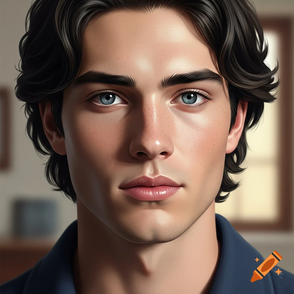 A close-up, hyperrealistic portrait of a young man with dark, wavy hair, blue eyes, and light freckles. He wears a dark blue shirt.
