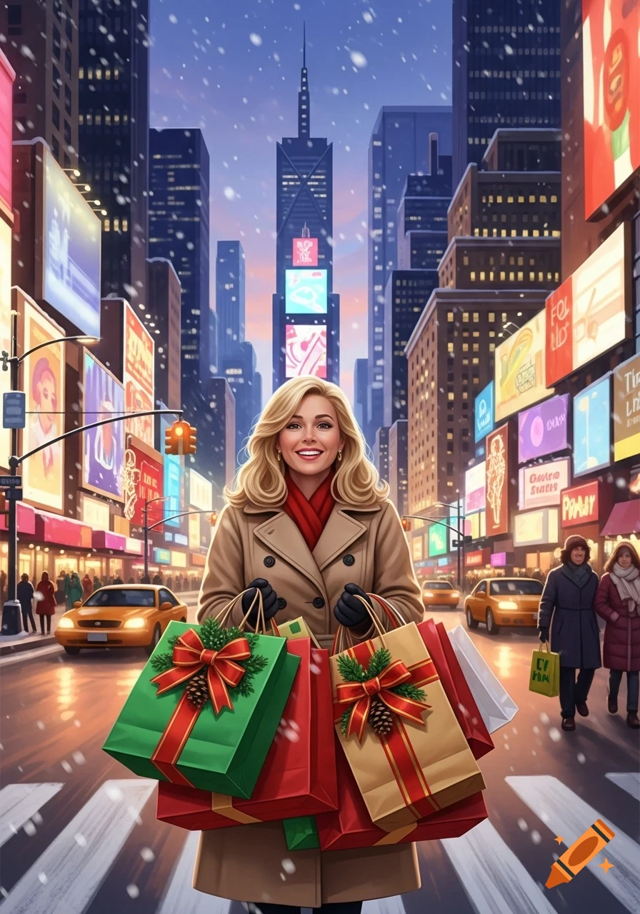 A smiling blonde woman in a trench coat holds Christmas shopping bags on a snowy city street with illuminated skyscrapers.