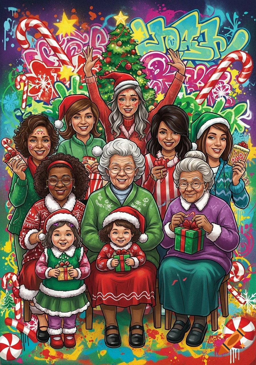 Diverse women and children celebrating Christmas with gifts against a vibrant graffiti background in a colorful illustration style.