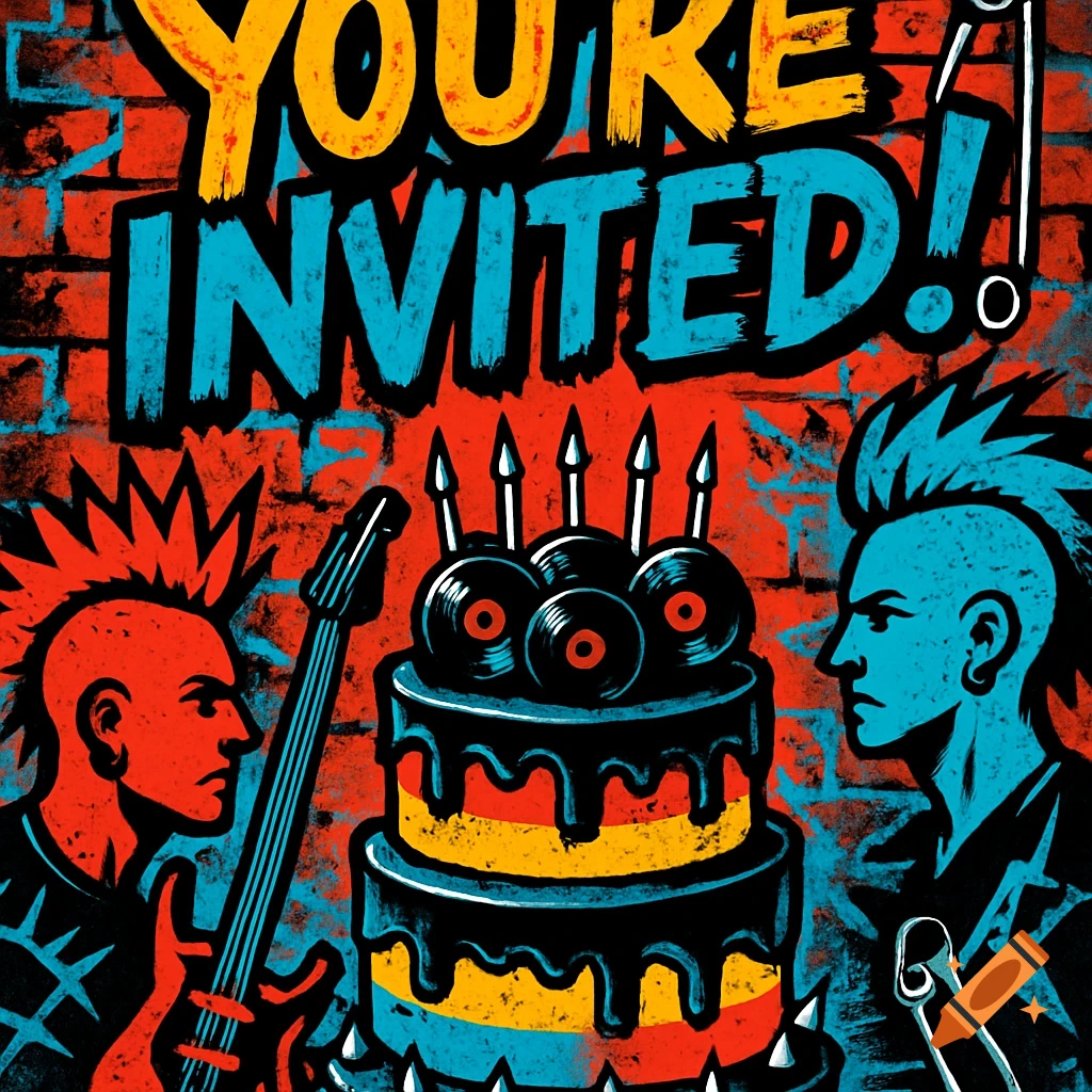 Punk style birthday invitation featuring two mohawked figures, a decorated cake, and 'YOU'RE INVITED!' text on a brick wall background.