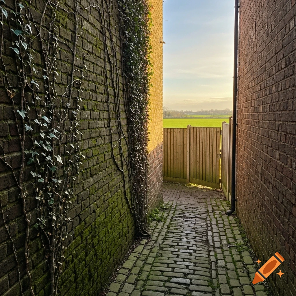 A narrow photorealistic alleyway between two brick buildings with ivy ...