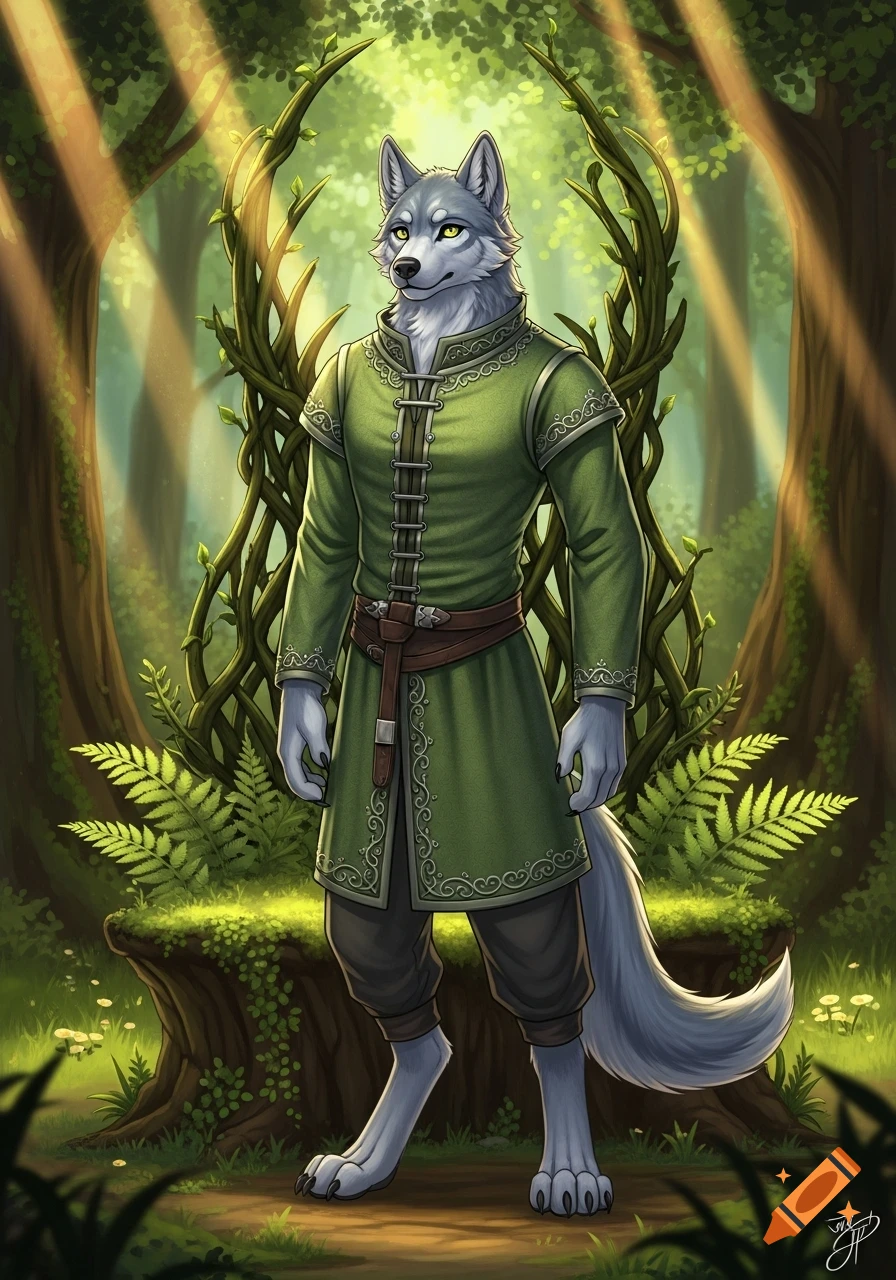 An anthropomorphic grey wolf in a green tunic and dark pants stands in an enchanted forest with dappled sunlight.