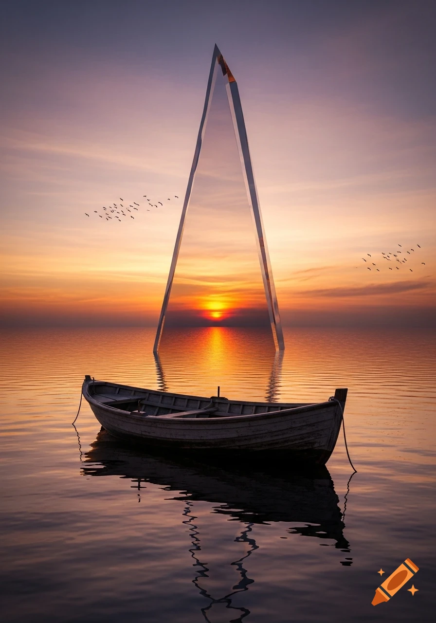 A small wooden boat floats on calm water at sunset, with a giant ...