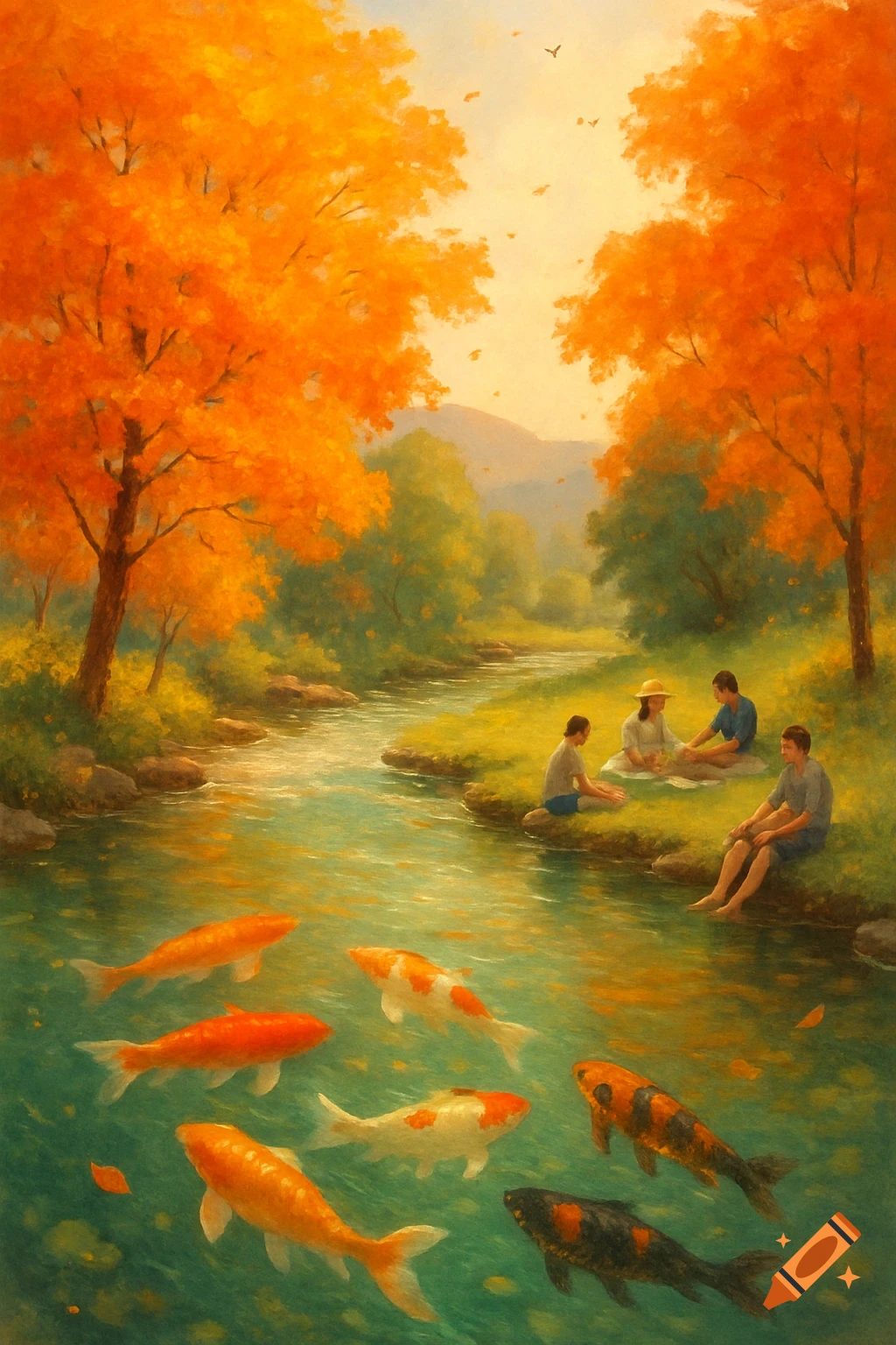 A vibrant autumn painting shows people picnicking by a river with orange trees and several koi fish swimming in the water.