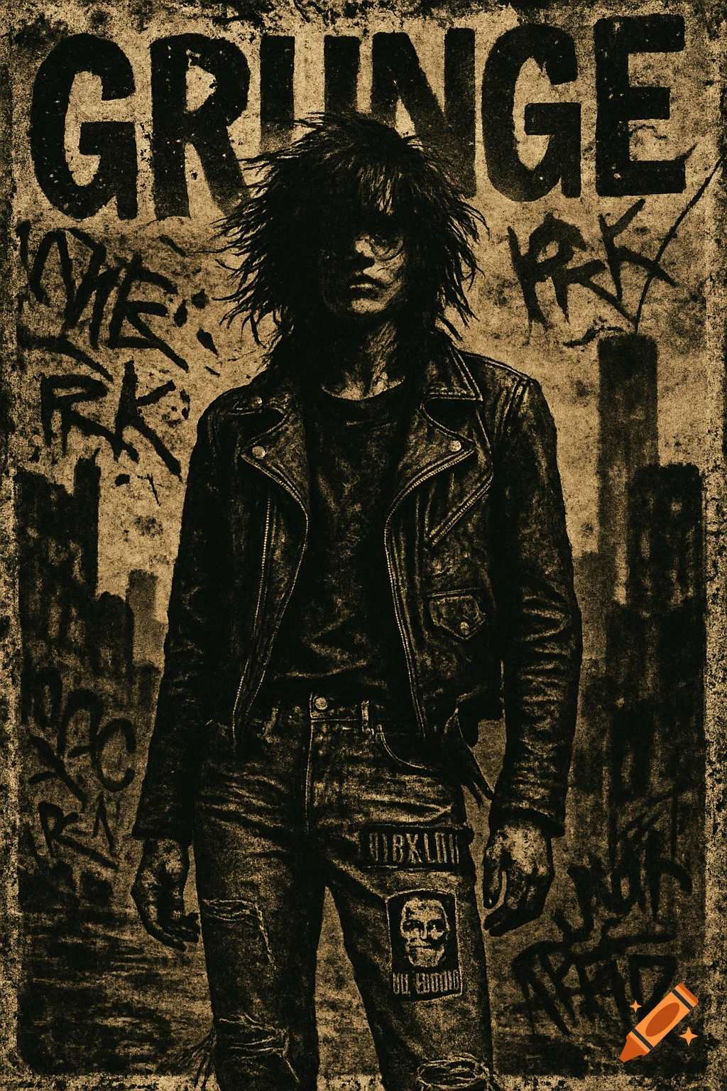 An illustration in a distressed, grunge style depicts a person with messy dark hair, wearing a leather jacket and ripped jeans with patches, standing against a background of graffiti and city silhouettes. The word "GRUNGE" is prominently displayed at the top.